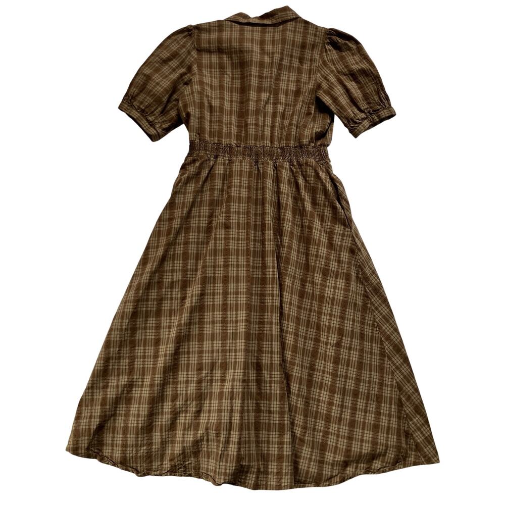 Sweet Salt Annmarie Midi Dress Size Small Puff Sleeve Collared Brown Plaid - Picture 3 of 7